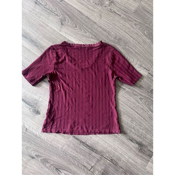 Hugo Boss Maroon Burgundy Ribbed Short Sleeve Scoop Neck Blouse, Size Large - Picture 2 of 5